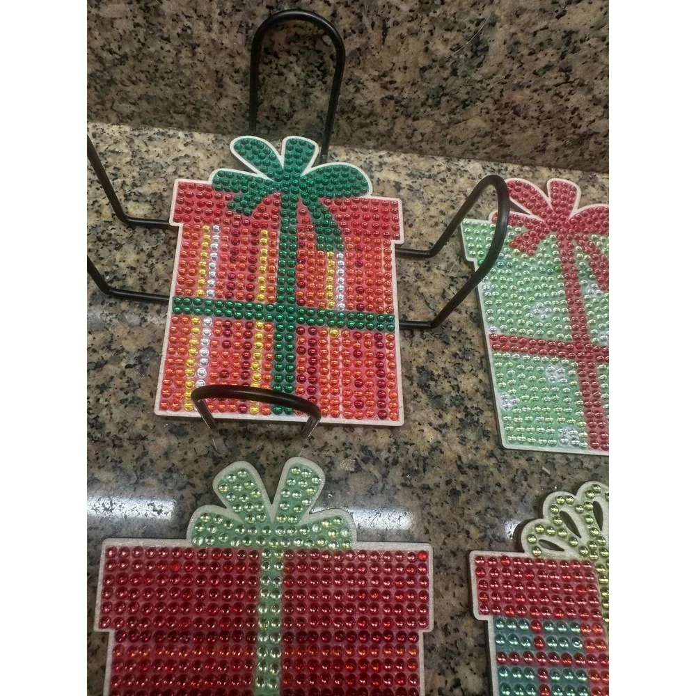 Christmas‎ Present Gift Box Rhinestone Coasters Set Of 10 With Metal Holder